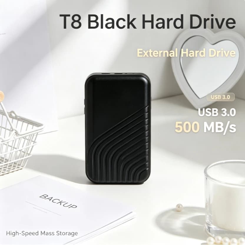 T8 Black Portable External SSD USB 3.0 High Speed Mass Storage Solid State Drive For Laptop Desktop PC Mac File Data Backup