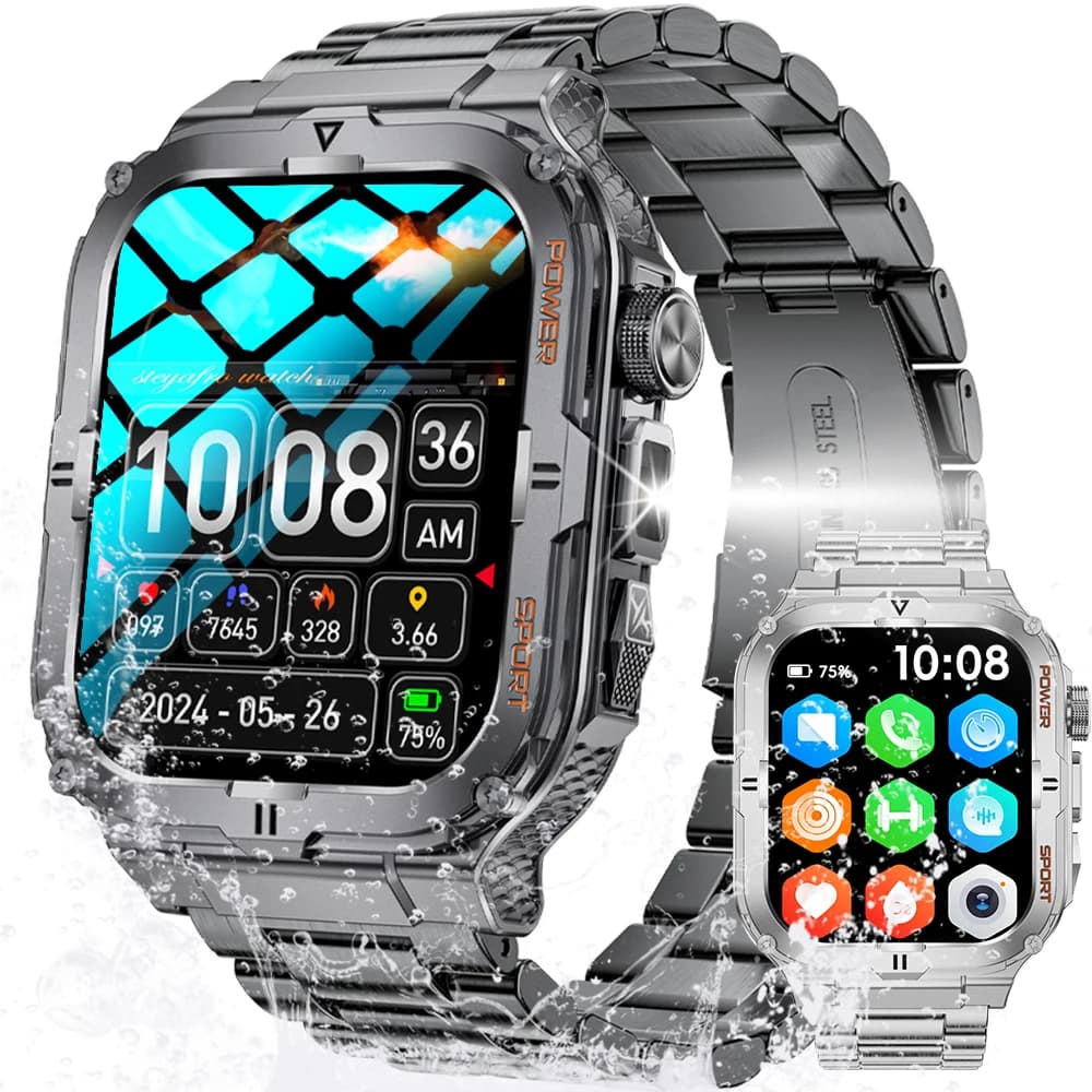 Men's Military Smart Outdoor Watch Women's Health 1.96 Inch HD Screen 430mAh Battery LED Flashlight Waterproof Sports Smartwatch