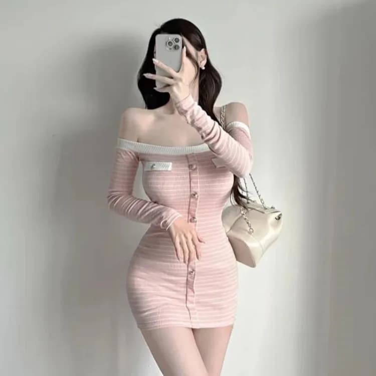 Sexy Striped Bodycon Skirt One oulder High Waist Knitted Dr for Women Autumn Season Long Sve High Elastici Suitable...