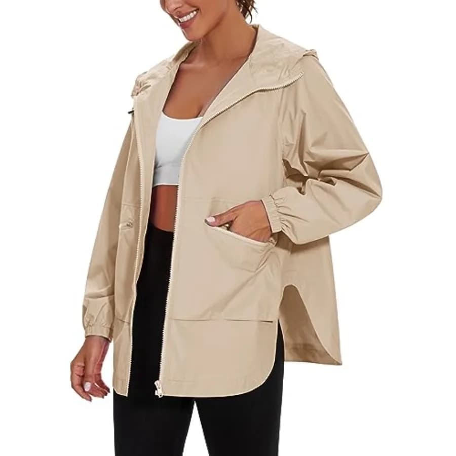 PESION Womens Waterproof Raincoat Lightweight Rain Jacket Trench Coat Hooded Windbreaker With Pockets for Outdoor