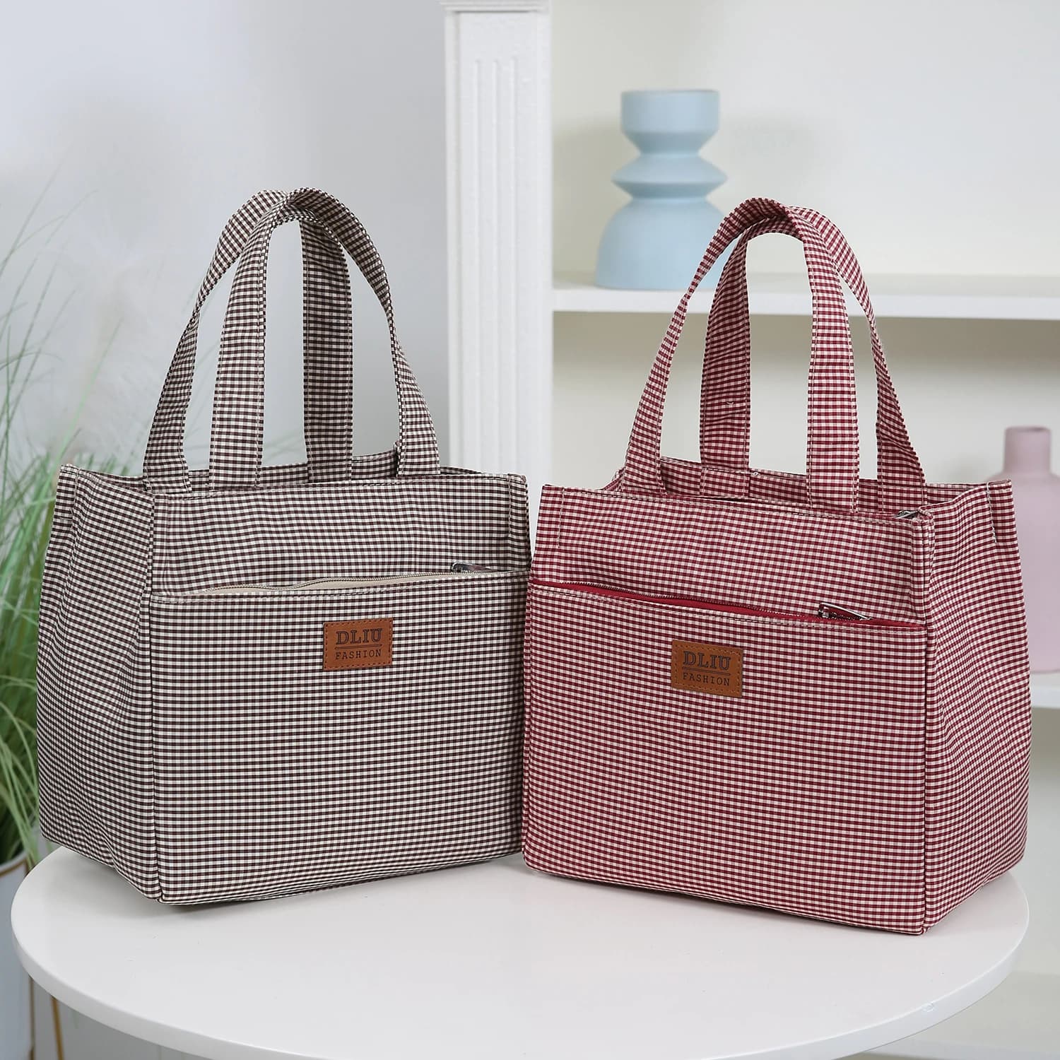 DLIU, New Style, Thickened Fabric, Checkered Pattern, Commuting Tote Bag, Lunch Box Storage Bag, Lunch Bag, Miscellaneous Bag