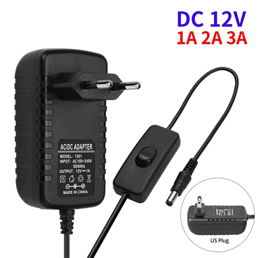 Adattatore di alimentazione 12V con interruttore Convertitore per caricabatterie con spina UE/USA AC 100-240V a DC 12V Driver trasformatore di illuminazione a LED 1A 2A 3A