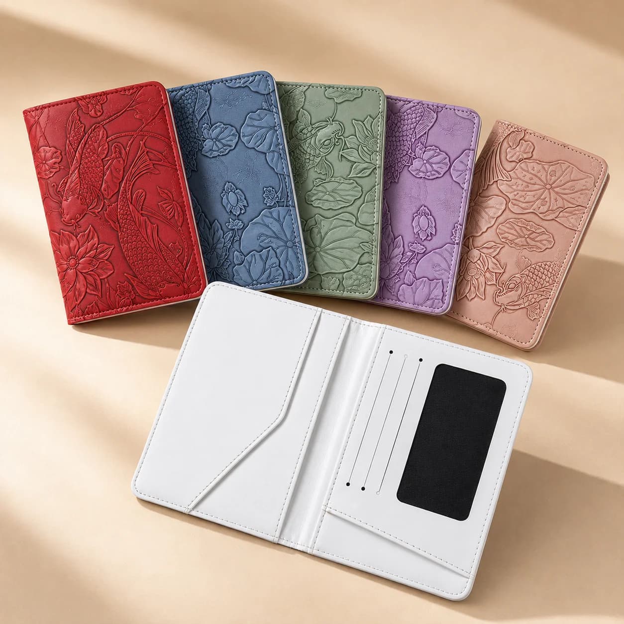 Chinese Style Embossed PU Leather Passport Cover with Multi Card Slots, Lotus Travel Wallet Multifunctional Passport Holder