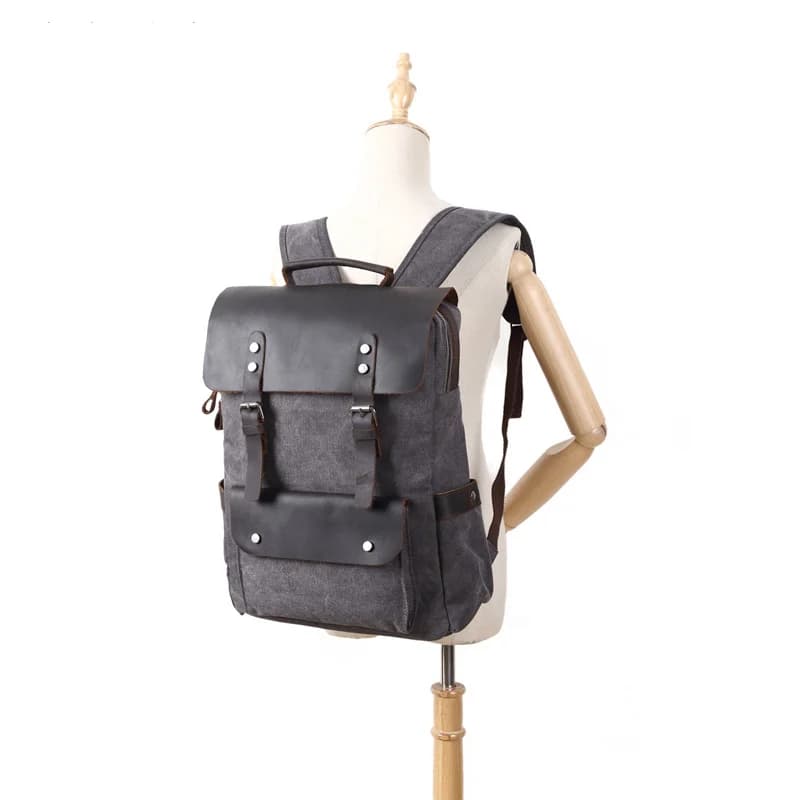 Custom Logo Vintage Canvas Schoolbag Unisex College Backpack Premium Cotton Canvas and Top Grain Crazy Horse Leather