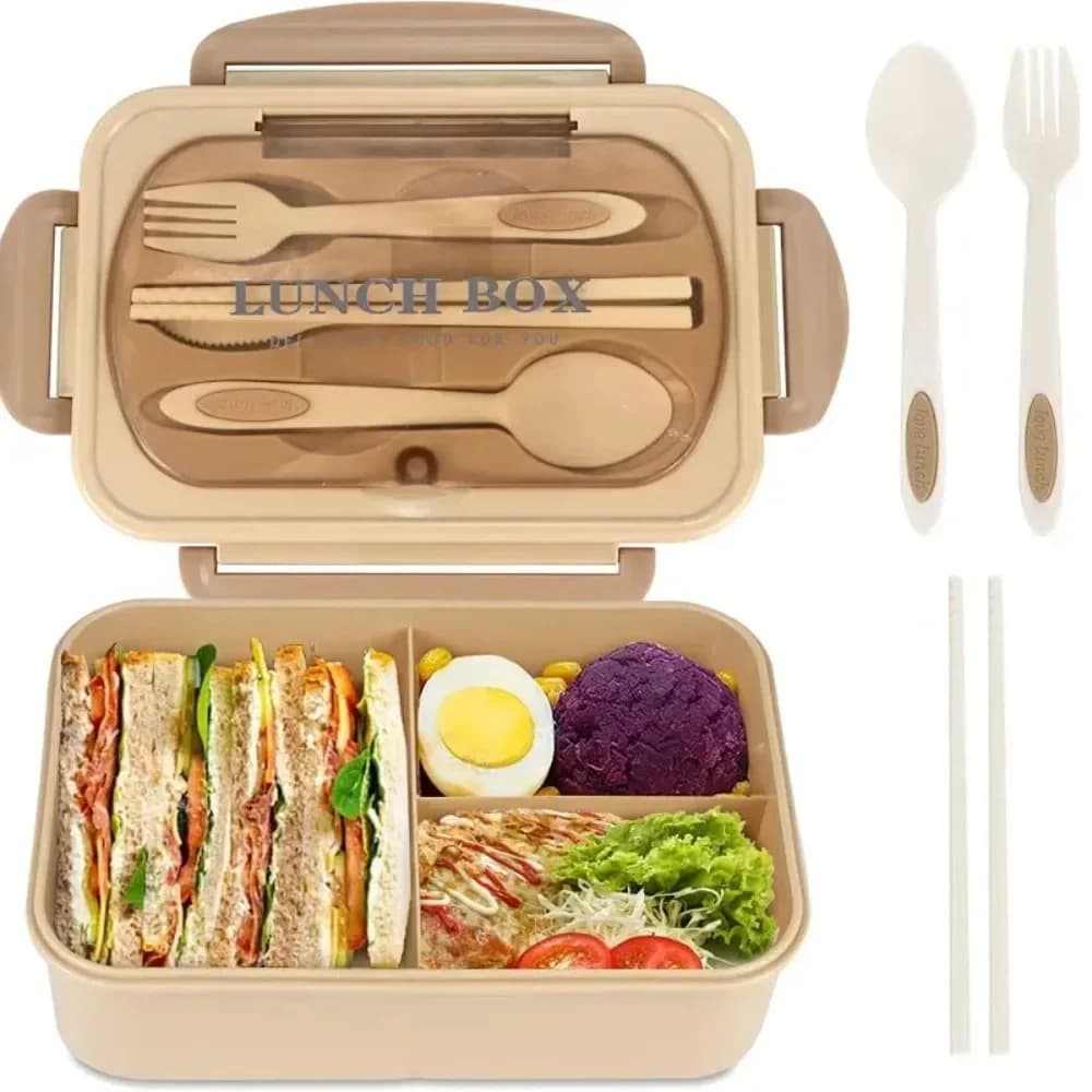 Lunch Container with Posate for Office Workers, Square Bento Box for Microwaves, Airtight Container for Picnic and Camping Food