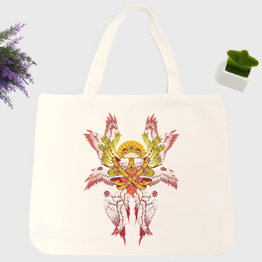 Men's angelic wing graphic canvas tote bag with artistic print, ideal for daily shopping and casual outings