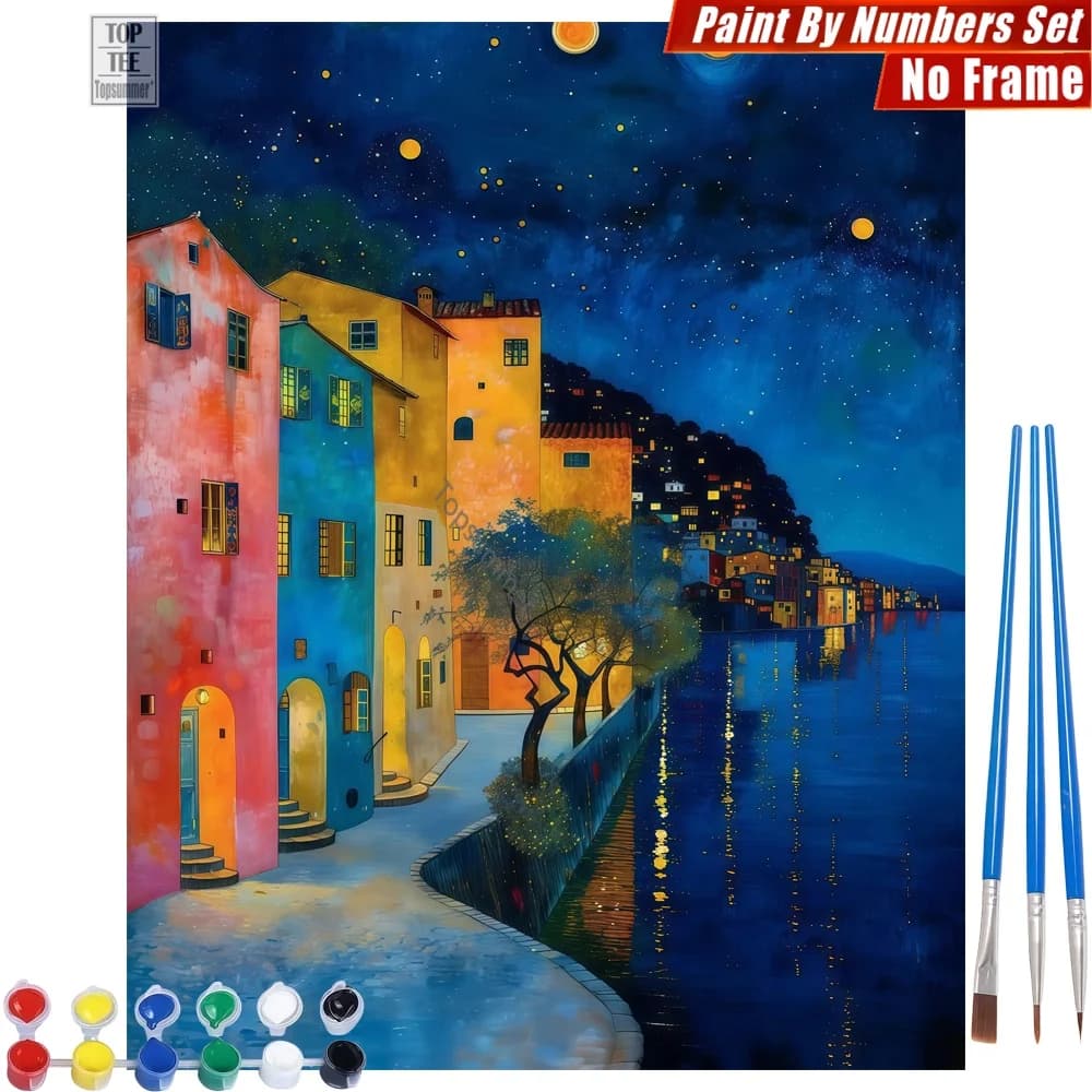 1pc frameless Colorful Houses River DIY Digital Oil Paint Kit - Colorful Houses Starry Abstract Wall Art Thanksgiving Day Gift F