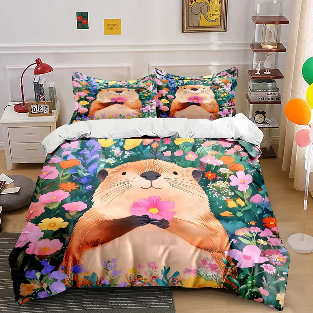Set di biancheria da letto con stampa di un simpatico castoro che tiene una fiorella, 1 copripiumino, 2 federe per adulti e bambini, regalo di lusso, misura completa.