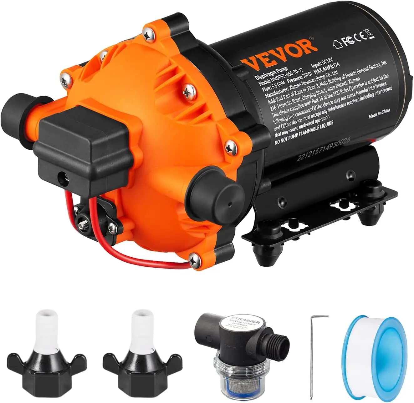 Pompa a Diaframma 12V DC, 5.5 GPM, 70 PSI Autoadescante con Pressostato per Camper, Barche e Irrigazione Giardino