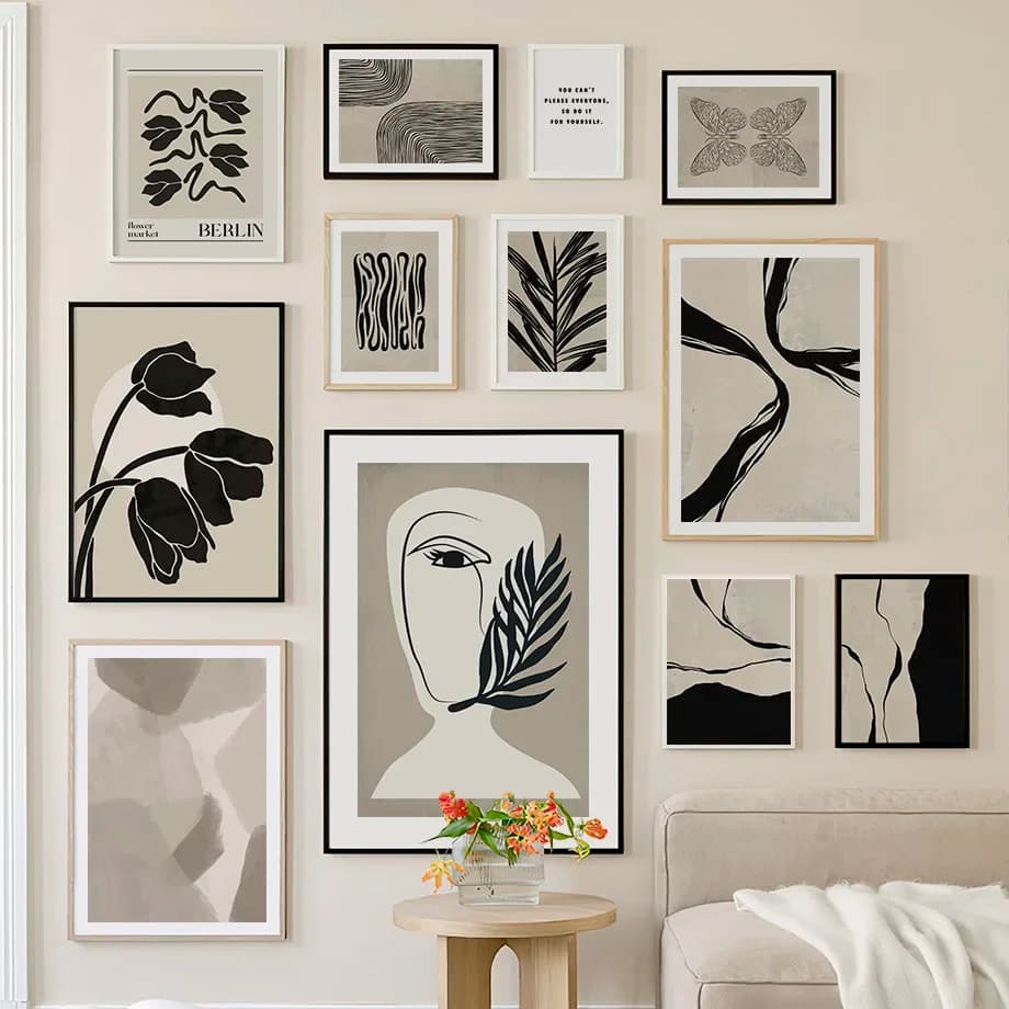 (No frame)Abstract Lines Face Flower Leaves Wall Art Canvas Painting Black Gray Posters And Prints Pictures For Hotel Bar Roo