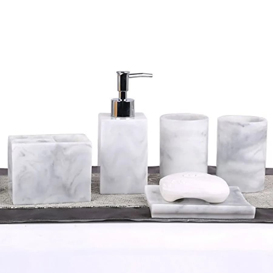 Set di 5 Accessori per Bagno in Resina - Porta Bicchiere, Porta Sapone, Dispenser Sapone Liquido, Porta Spazzolino