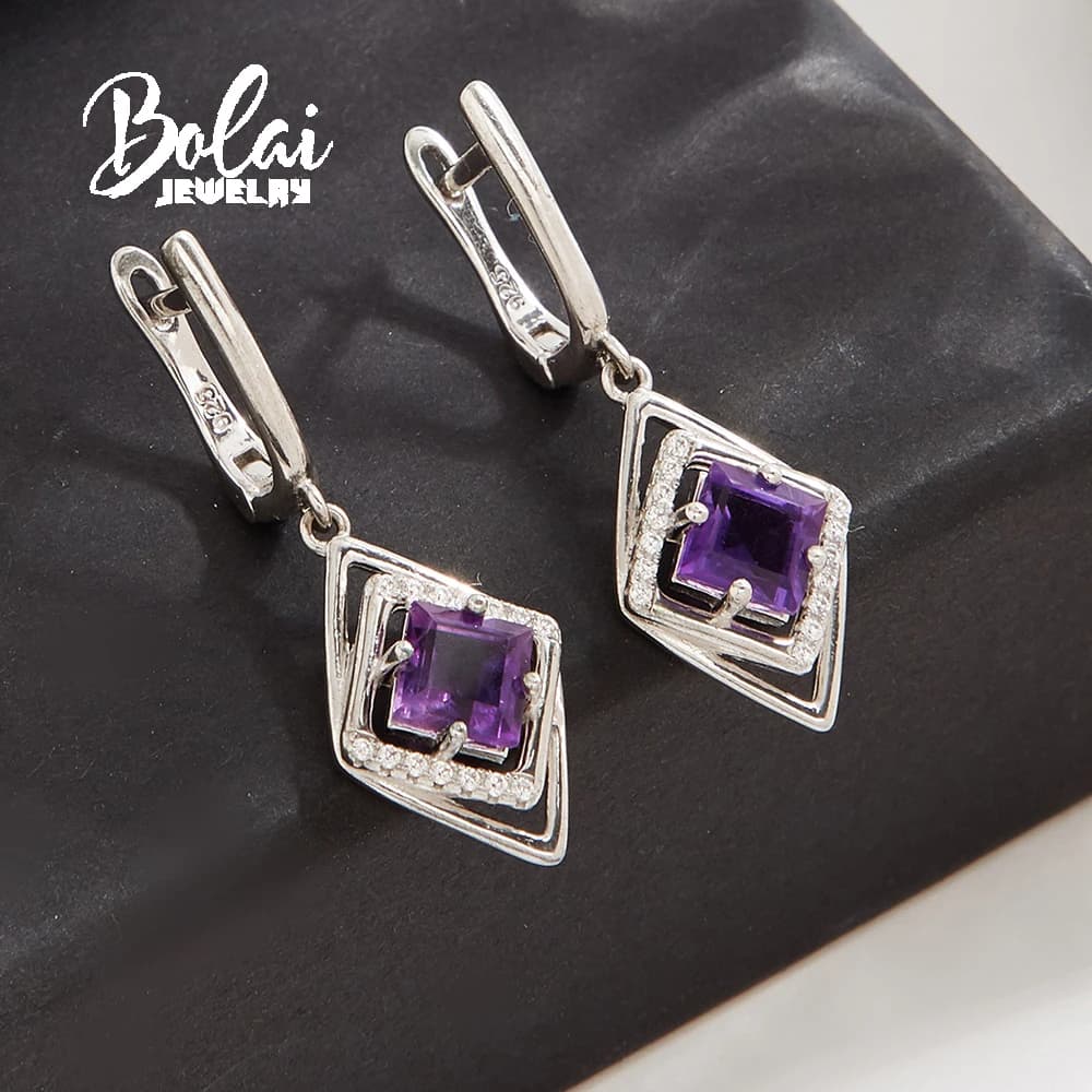 Orecchini con chiusura in argento di lusso leggero, pietre preziose di ametista naturale, gioielleria raffinata per le donne, regalo per feste e occasioni speciali