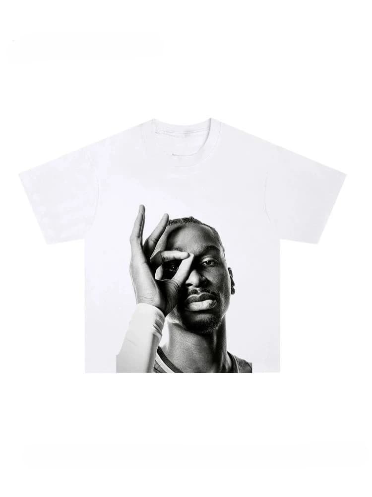 Large-head Printed Short-sleeved Cotton T-shirt, Heavy-duty Pure Cotton, Small Neckline, Basketball-style Top for Men