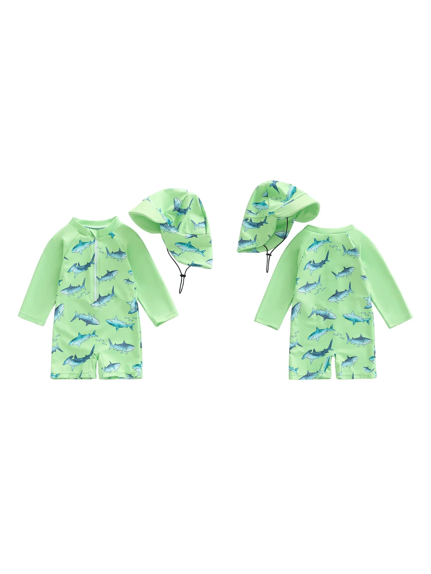 Costume da bagno Rash Guard per neonato con stampa di squali e chiusura con cerniera, costume da bagno a maniche lunghe con cuffia da bagno abbinata