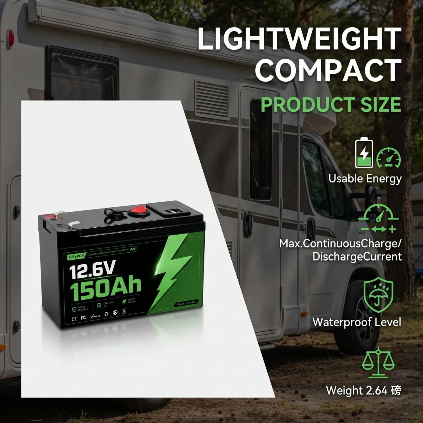 12V 150Ah LiFePO4 lithium battery, 100A intelligent BMS 1800Wh battery with 4000+deep cycling, for RVs and solar energy