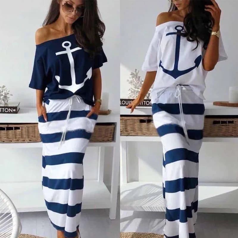 T-shirt a maniche corte + gonna a maniche corte con stampa di ancoraggio da barca casual da donna elegante Set di gonne per tuta estiva di moda per le donne