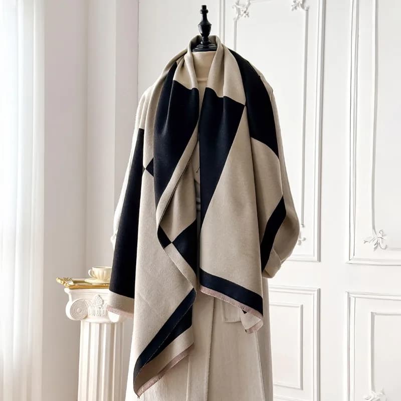 Long rectangular patchwork scarf in Korean style for women, versatile and thick, in simil-cashmere, fashionable for winter