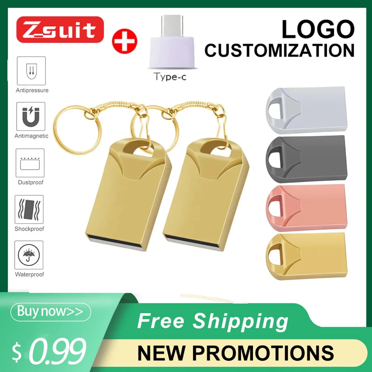 Zsuit Chiavetta USB in metallo impermeabile 32 GB 64 GB 128 GB Disco flash Pendrive Frances Polen Memoria USB Chiavetta USB 2.0 Logo gratuito Regalo U-disk