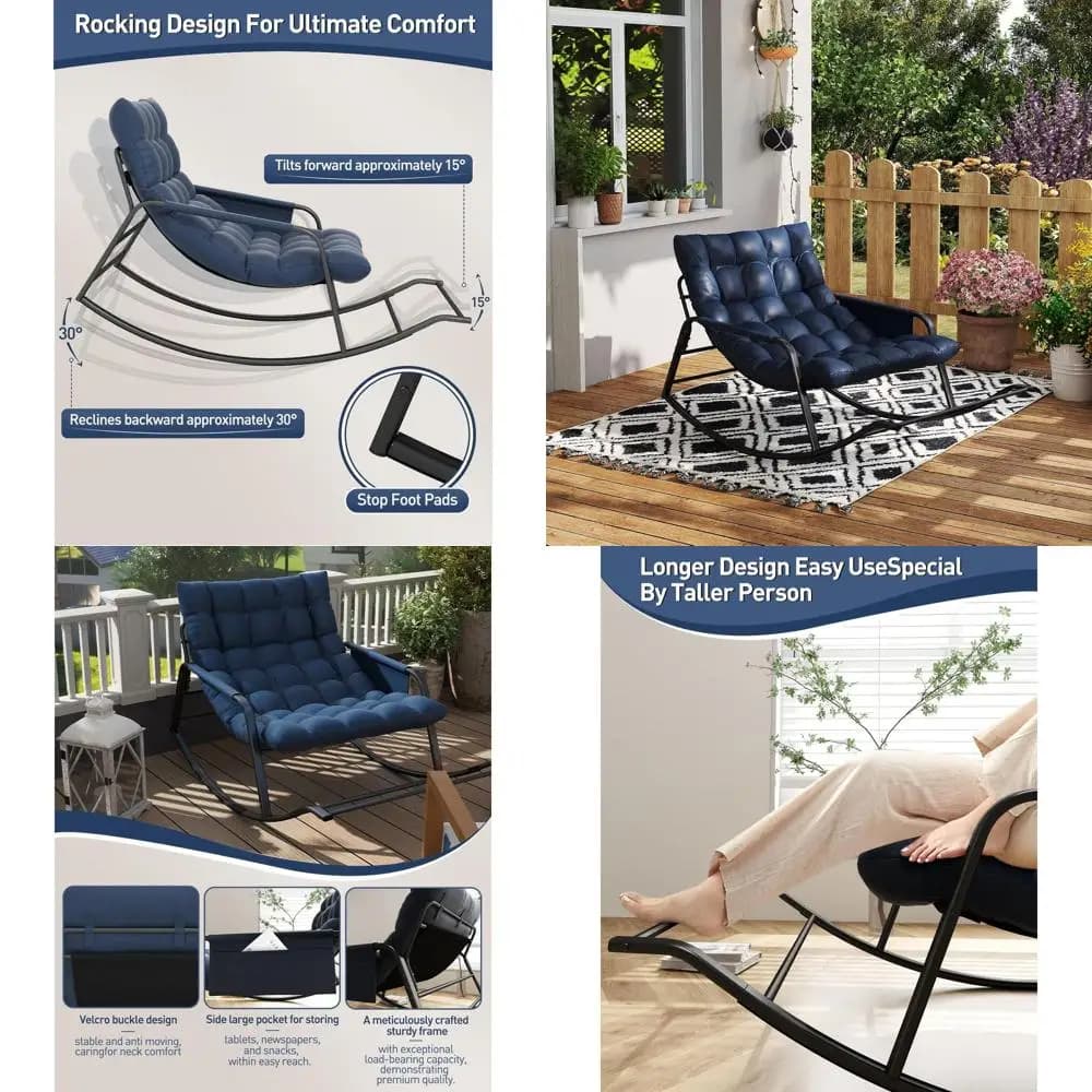Sedia a Dondolo Oversize Blu Navy per Esterni con Cuscini e Tavolino Laterale per Patio, Veranda e Uso Interno