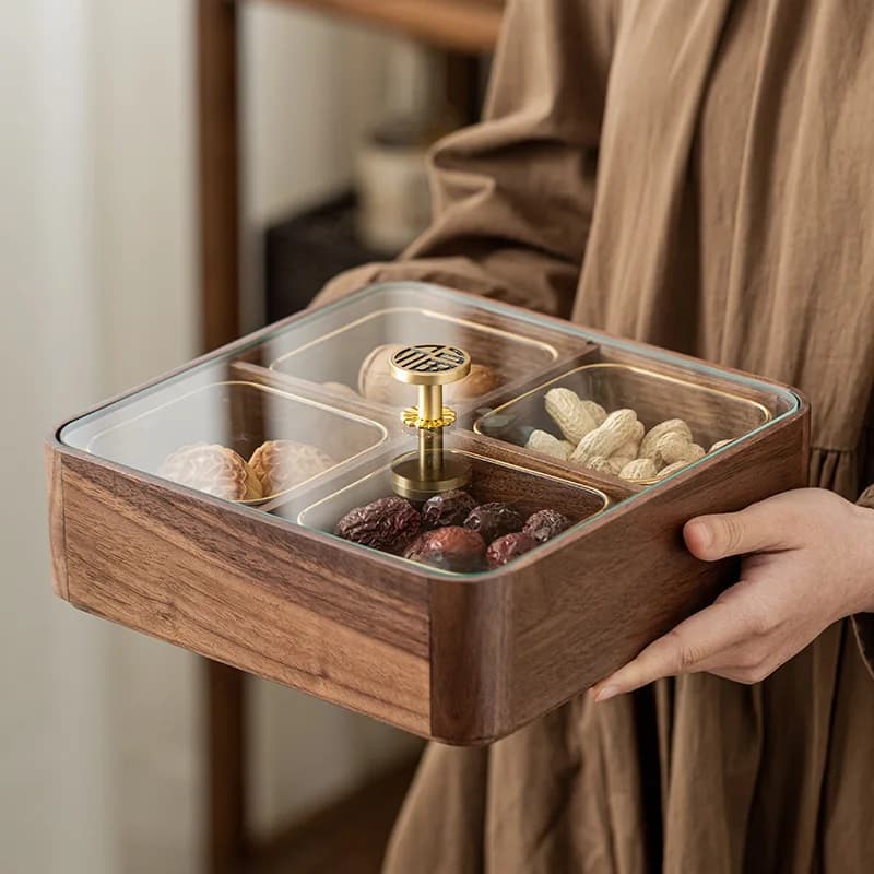 Ciotola per Frutta in Noce Nero Multistrato, Contenitore in Legno Massello per Frutta Secca con Coperchio, Ciotola Creativa in Vetro per Insalata e Dessert, Scatola a Griglia da Tavolo per Snack
