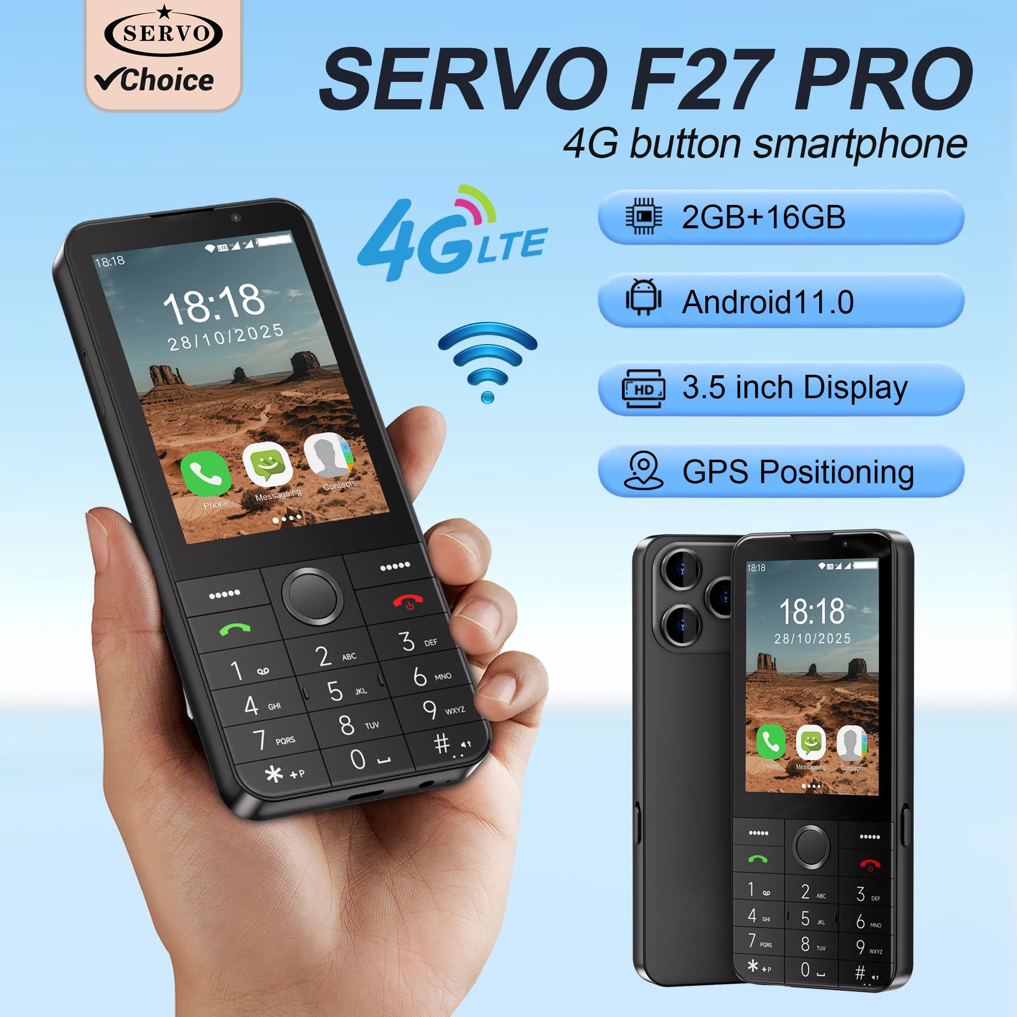 SERVO F27 PRO Smartphone Android OS 4G Cellulare Display Touch HD da 3,5 pollici Tastiera con Comandi Rapidi Telefono Cellulare WiFi GPS 2GB+16GB 2850mAh