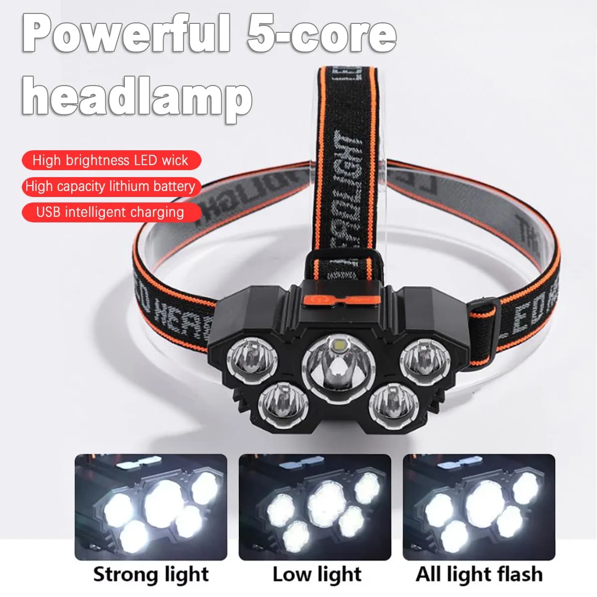 Faro LED ricaricabile tramite USB Super luminoso 5 modalità di lavoro Lampada frontale Torcia impermeabile montata sulla testa per escursioni notturne di pesca