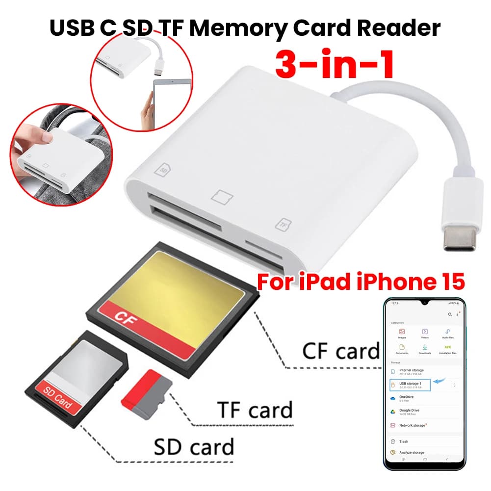 3 in 1 Type-C To SD/TF/CF Memory Card Adapter SD Card Adapter Driver Free CF SD TF Compact Camera Card Reader for iPad iPhone 15