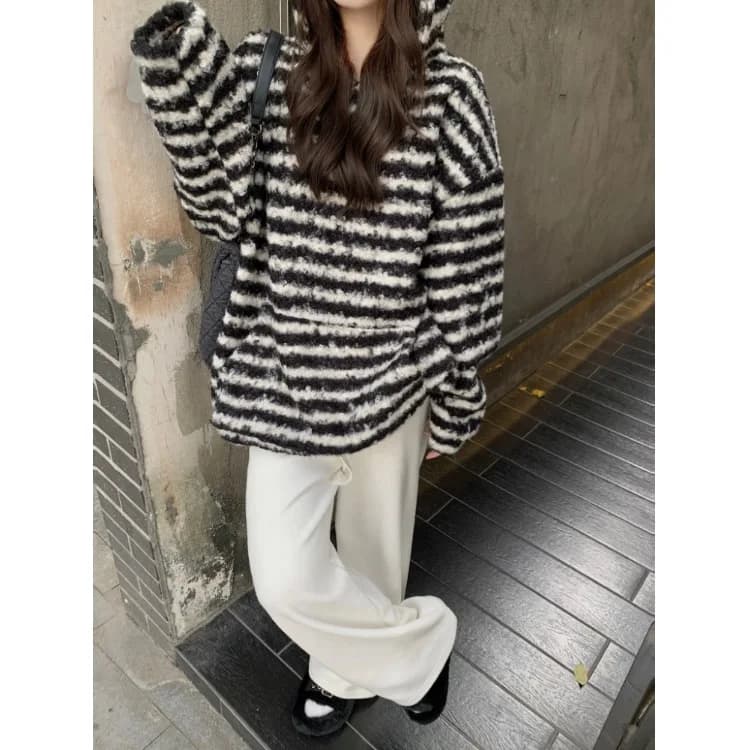 Winter 2025 Women's Loose Fit Hoodie Korean Style Casual Top Furry Particle Sensation Striped Hooded Sweatshirt Commute Style...