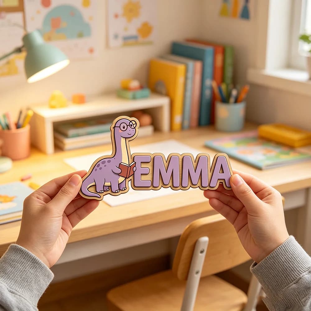 Whimsical Nerdy Dinosaur Custom Name Plaque for The Dearest Baby, Unisex Study-Themed Nursery Decor