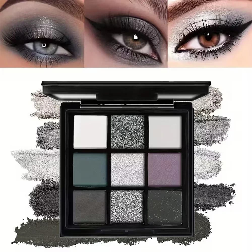 Palette di ombretti scuri a 9 colori Black Swan Smoky Matte Glitter, impermeabile resistente al sudore, miscela facile a lunga durata, unisex