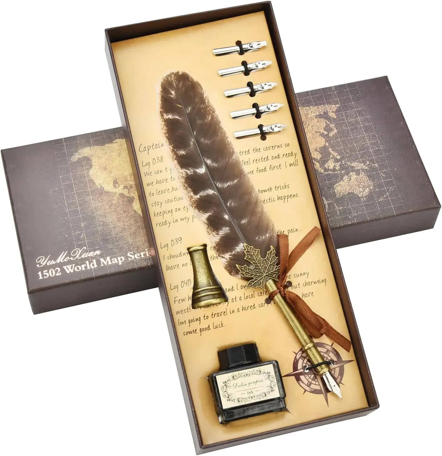 Feather Pen and Ink Set - Calligraphy Quill Pen Set Includes Dip Pen, 5 Replacement Nibs and Pen Holder for Writing Lovers (Brow