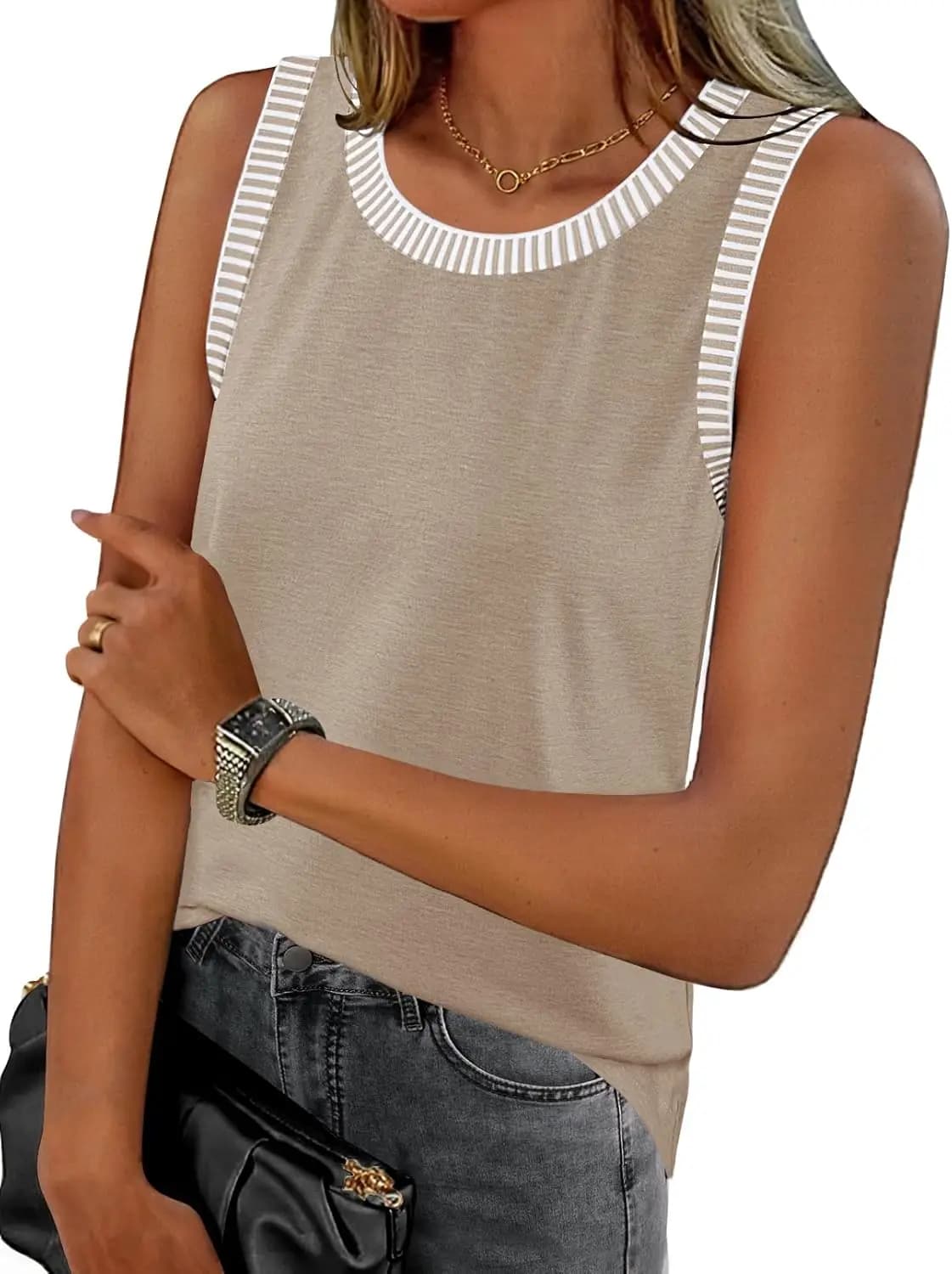 MEROKEETY Women's Tanks 2026 Summer Casual Sleeveless Crew Neckline T-shirt Basic a Righe Color Block for Beach