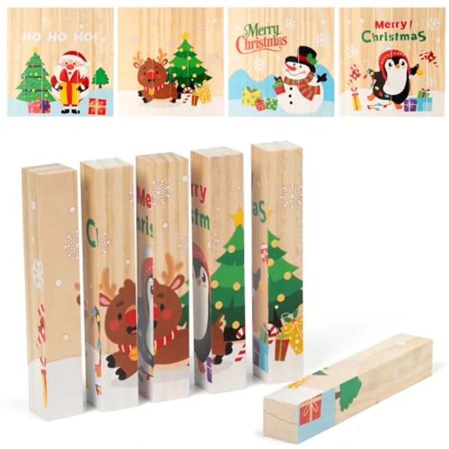 Christmas Wood Puzzle for Kids 2 Years Up, 4 in 1 Blocks Puzzle Natalizi Sensoriali for Kids and Girls, Educational Toys Impilabili