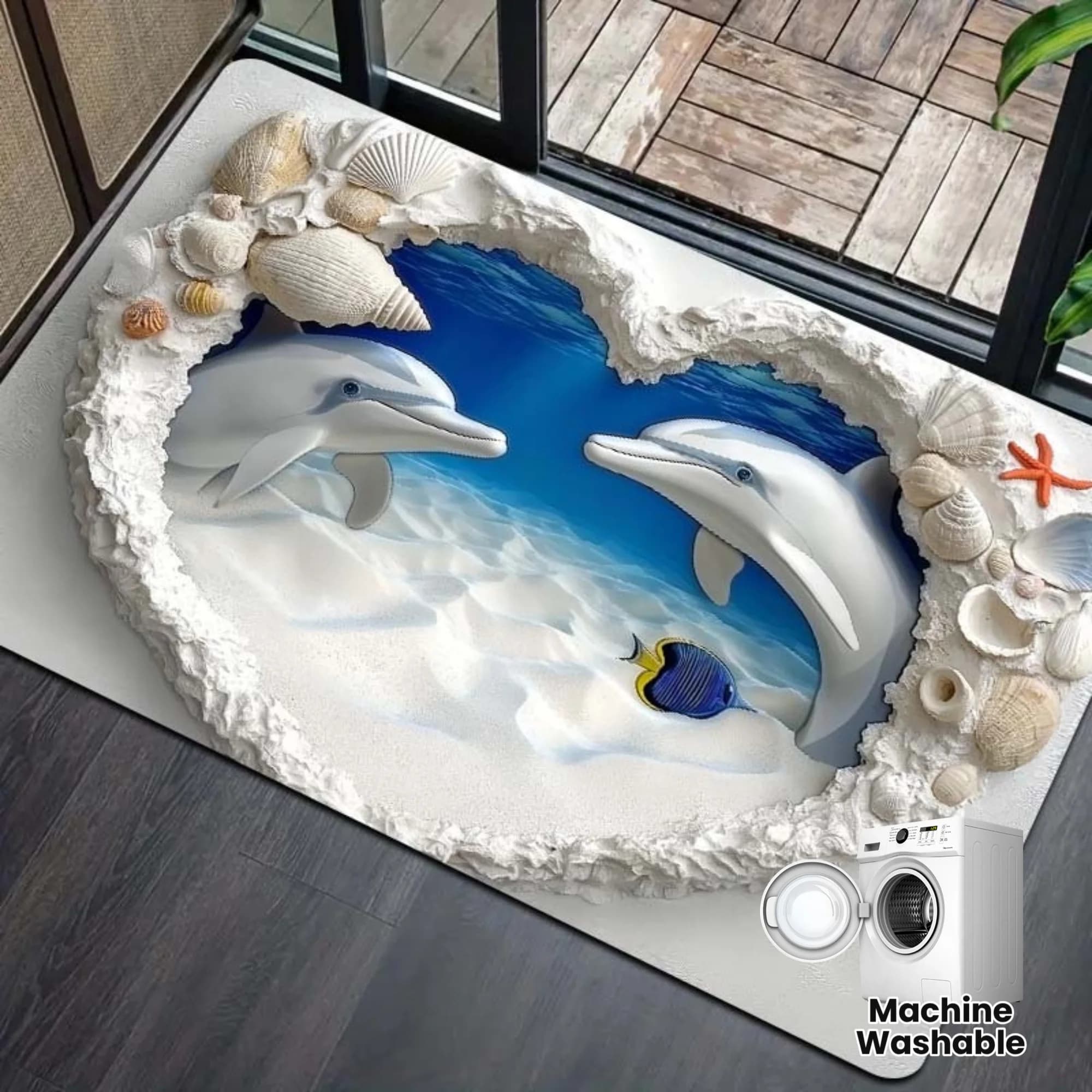 Heart Dolphin Mat - Soft Sponge Rug for Kitchen Laundry Bathroom Living Room Bedroom, Decorative Indoor Mat
