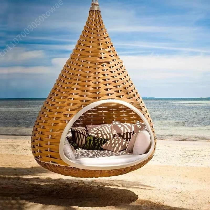 Teardrop Shaped Wicker Hanging Egg Chair, Rattan Weave Swing Chair with Cushions & Pillows for Patio & Indoor Use