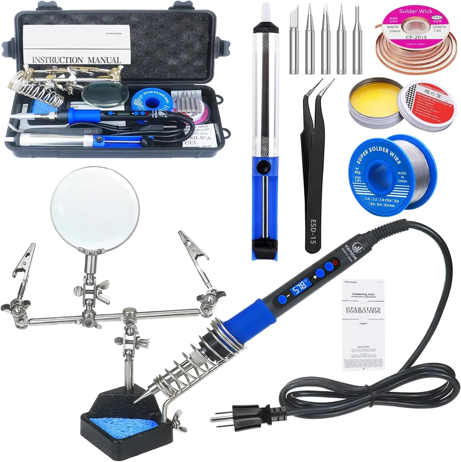 Kit Saldatore Digitale LCD 100W con Lente d'Ingrandimento e Supporto per Saldatura, Temperatura Regolabile per Riparazione di Circuiti Stampati