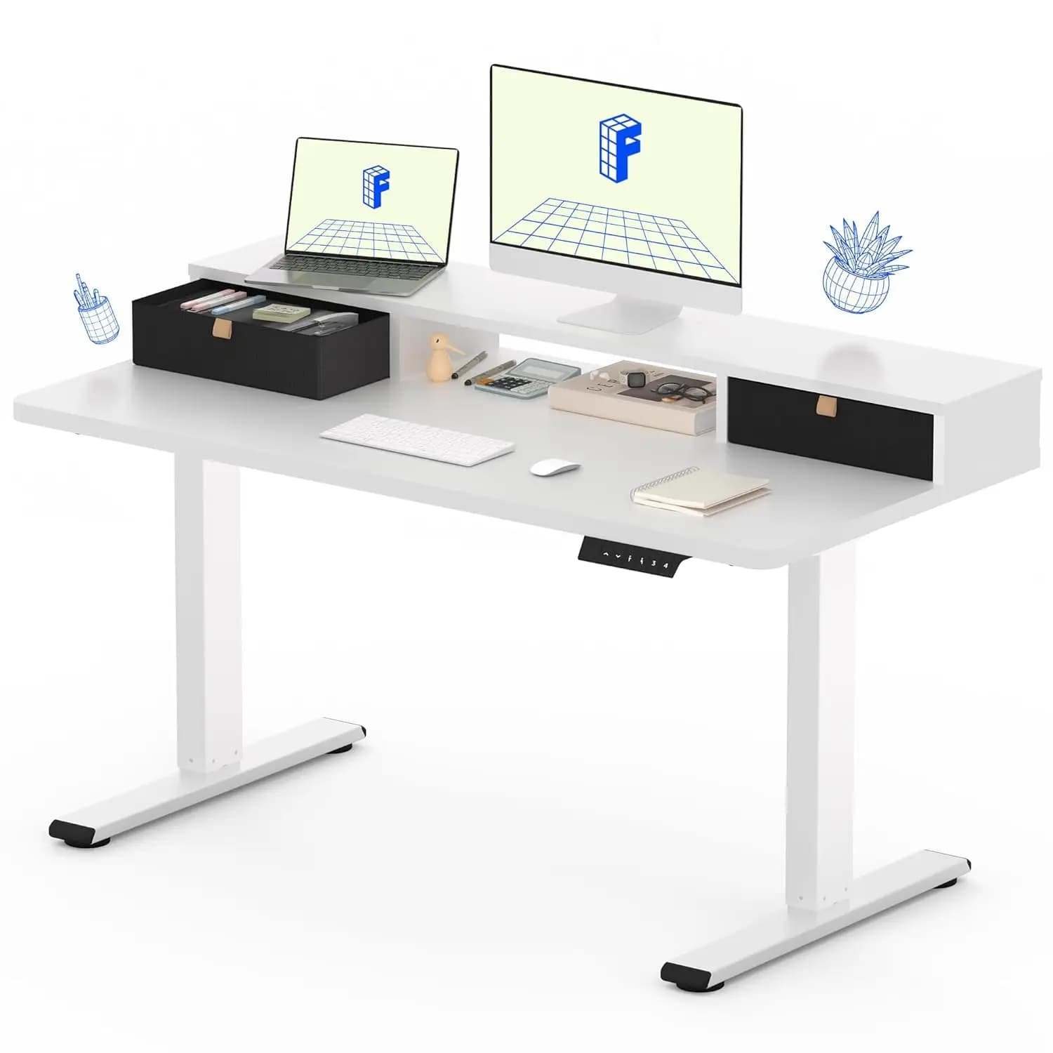 Scrivania elettrica regolabile in altezza con cassetto portaoggetti, supporto ergonomico per monitor da 48 pollici, bianca, personalizzabile