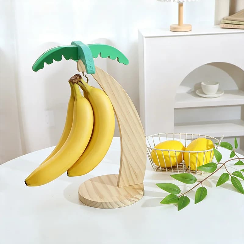 Wooden Banana Rack Hanging Kitchen Rack Simulated Leaf Decorative Fruit Vertical Storage Rack with Hook Kitchen Decoration