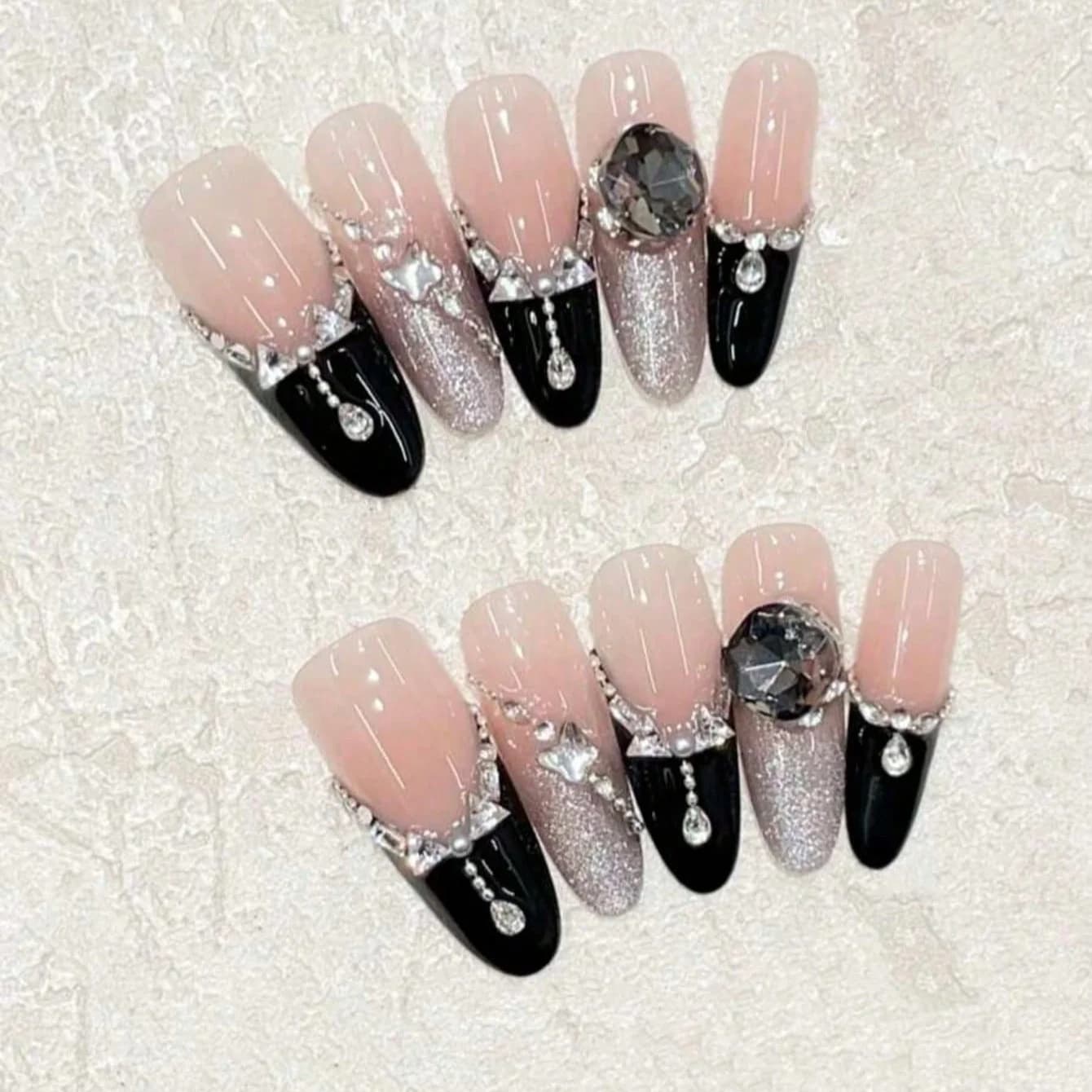10 pieces of long fake nails in the shape of a coffin, naked, black, with star rhinestones, gift for women, nail art diy, fake nails, hand made nail sets