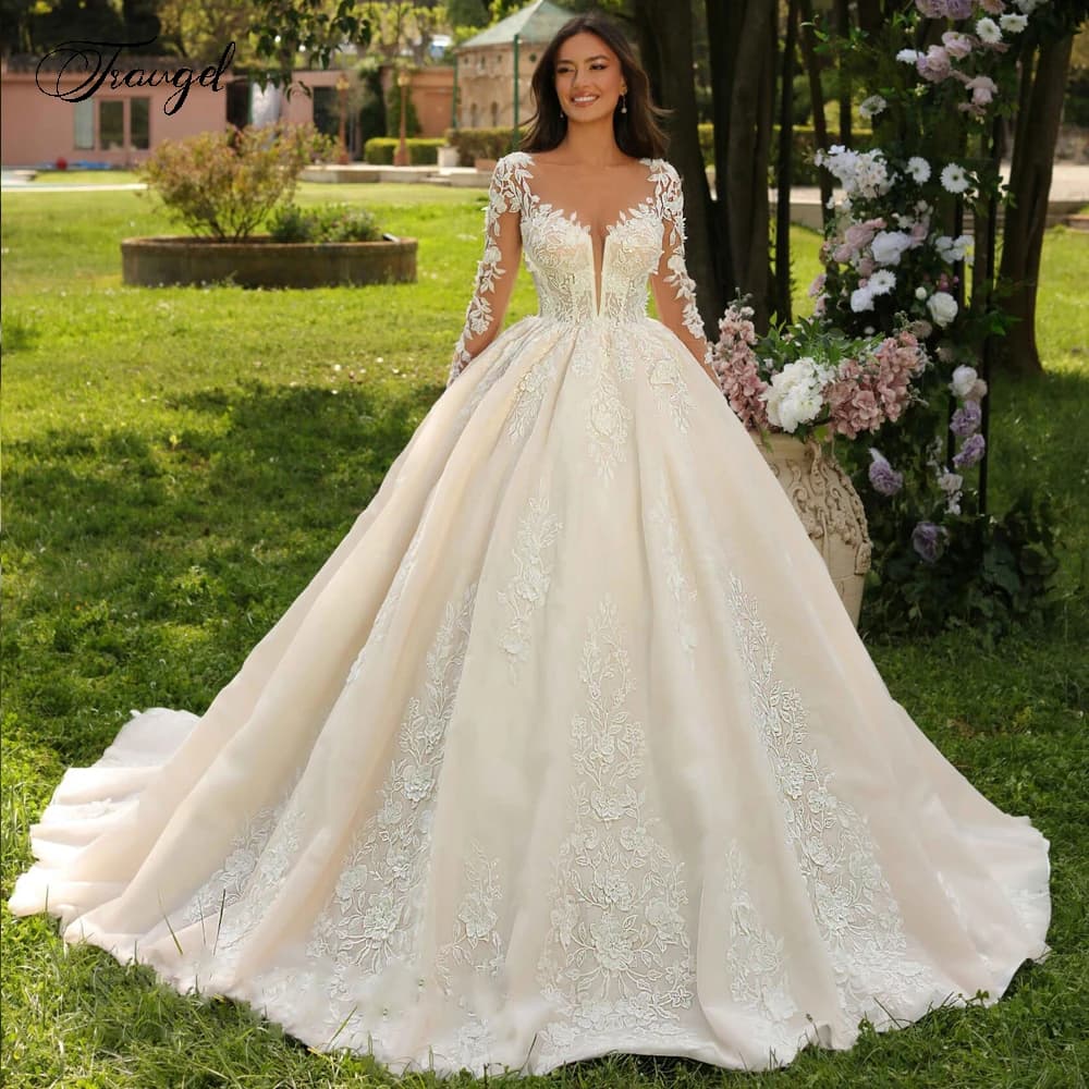 Abito da ballo personalizzato Abiti da sposa principessa Smerlato Manica lunga Vestido De Novia Ricamo Appliques Elegante Robe De Mariee