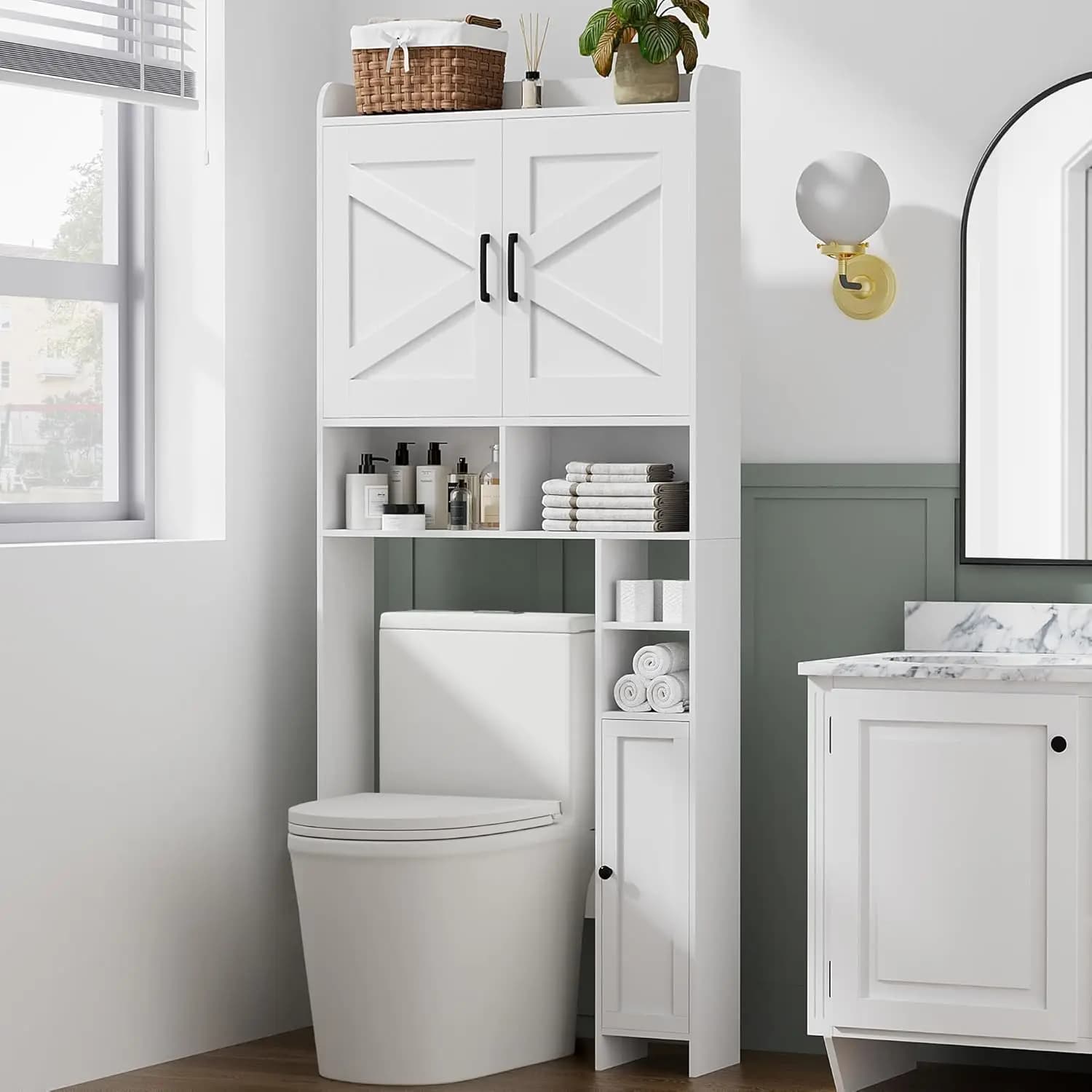 Mobiletto da bagno sopra il WC con ante scorrevoli e porta carta igienica, scaffale autoportante per bagno, bianco