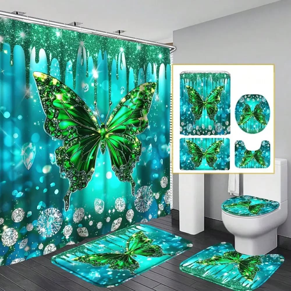 4pcs Green Butterfly Glitter Diamond Shower Curtain Set, Deep Green Shiny Drips Shower Curtain Sets With Rugs, Emerald Green Luxury Texture Shower Curtain Set, With 12 Hooks, Bath Mat, U-shaped Bath Mat And Toilet Seat Cover, Modern Bathroom Decor