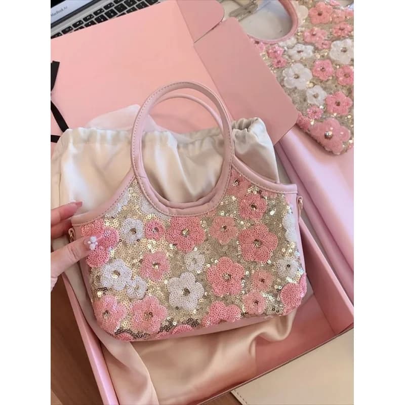 2026New Korean-style mini tote bag in pastel pink with sequin flowers, suitable for early spring, casual versatile crossbody bag