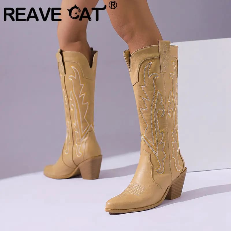 REAVE CAT Women's Cowboy Boots 7.5cm Slip On 46 47 48 Boots for Leisure