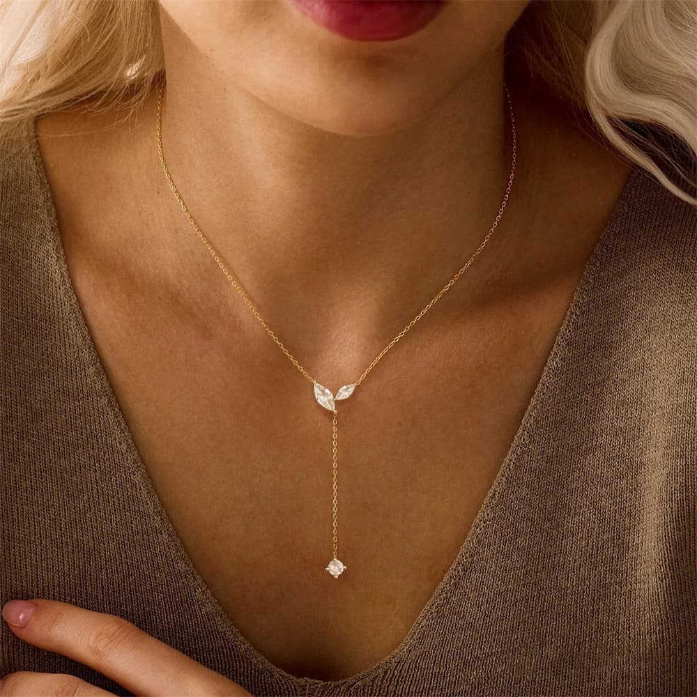 14K Gold Plated Lariat Necklace for Women CZ Star Clover Teardrop Y Shaped Drop Pendant Necklaces Elegant Party Wedding Jewelry