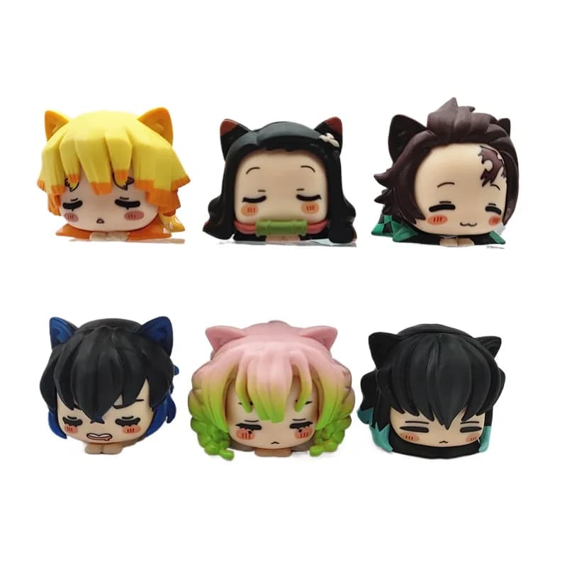 Set di 6 Figurine Anime Demon Slayer, Nezuko Tanjirou Zenitsu Inosuke, Mini Statuette Kawaii con Orecchie di Gatto, Modellini in PVC