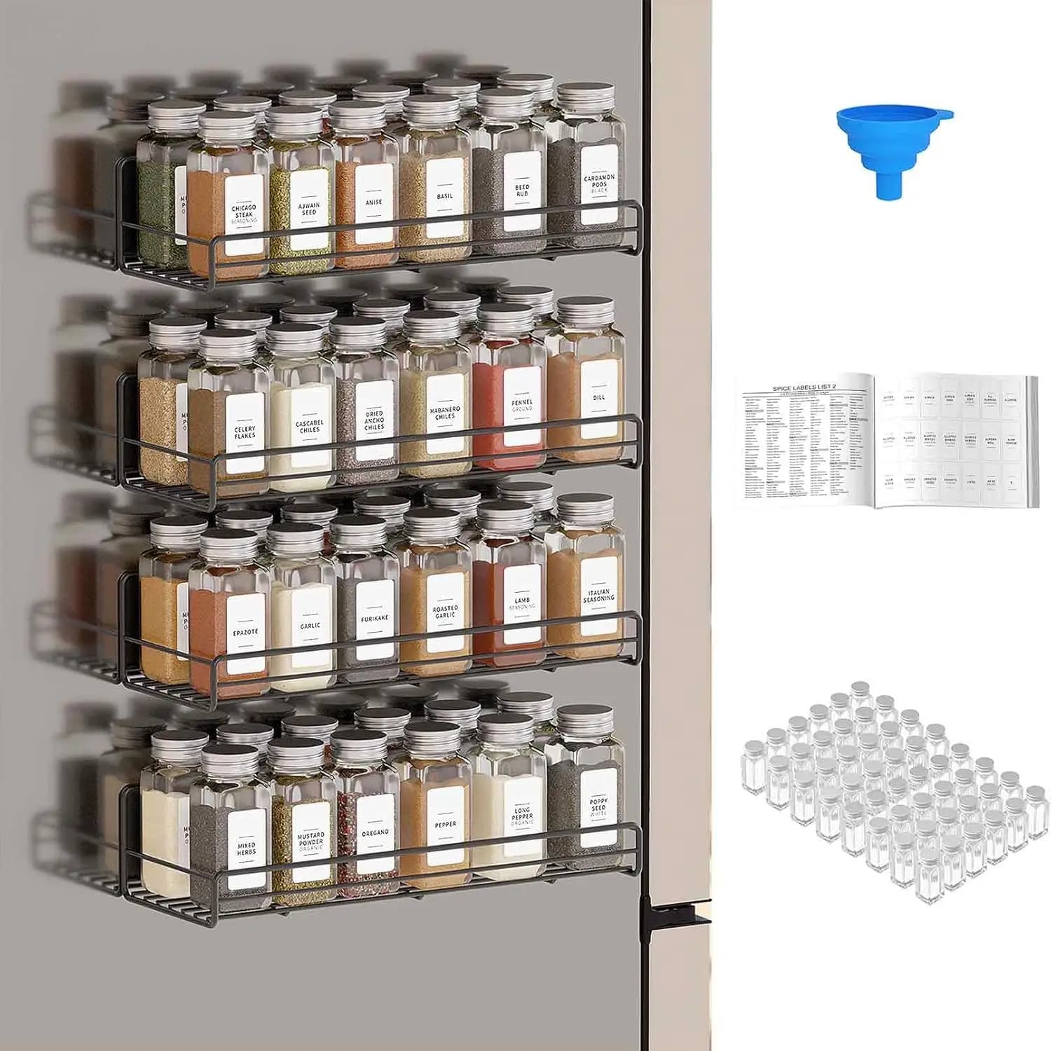Confezione da 4 portaspezie magnetici con 48 barattoli di spezie, 400 etichette e imbuto per spezie, ripiano salvaspazio per frigorifero e forno