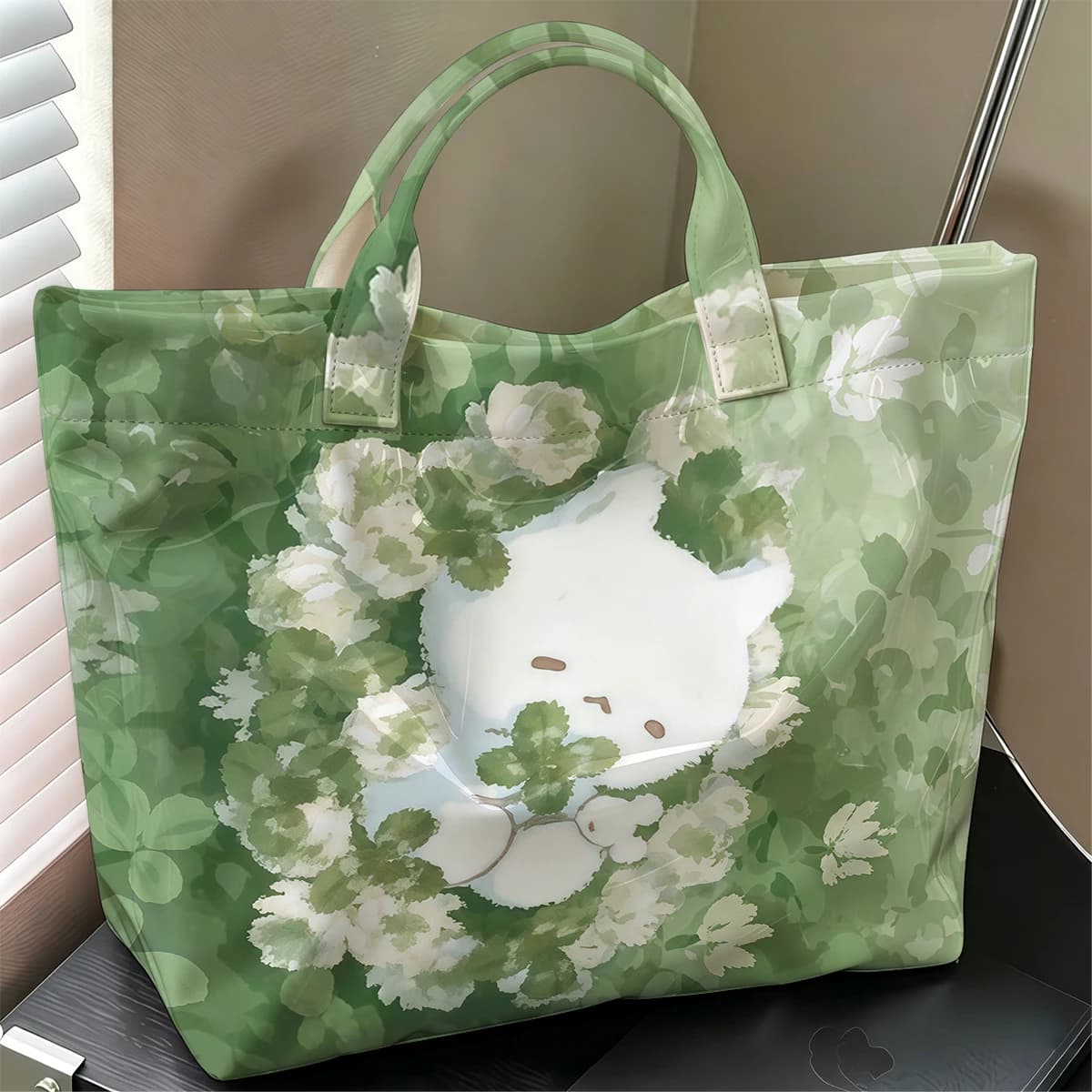 Clover Sprite Cute Large Glossy PVC Tote Bag Hand Washable Lightweight Soft Great for Travel Commute Makeup Storage Handbags
