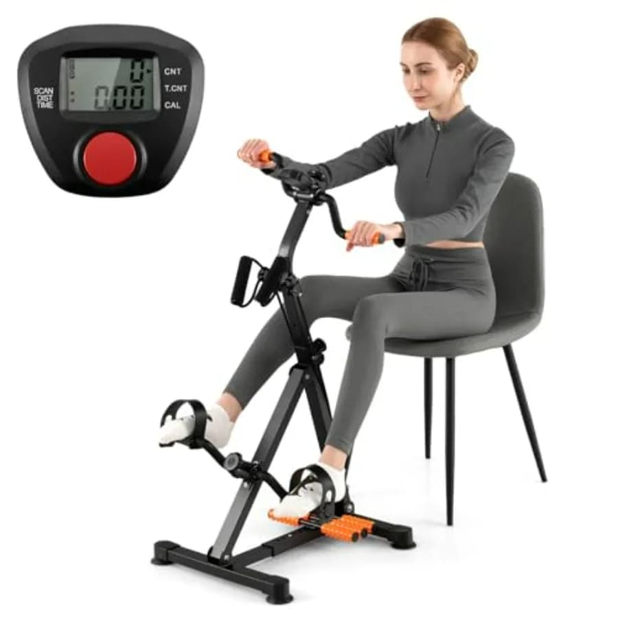 Cyclette a Pedali con Doppia Funzione, Monitor LCD, Rullo Massaggiante e Banda di Resistenza per Allenamento Completo del Corpo, Bicicletta da Esercizio Regolabile
