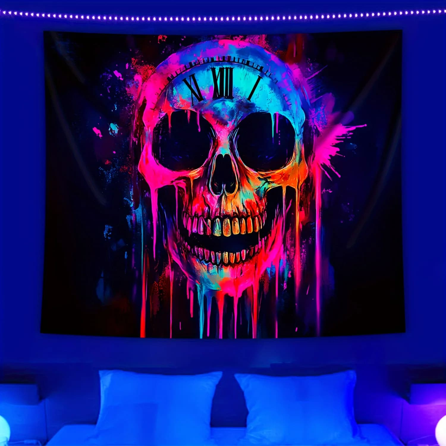 Orologio con teschio al neon Arazzo da parete Arte psichedelica Arredamento camera da letto Vernice gocciolante colorata Design gotico Camera oscura Estetica Halloween